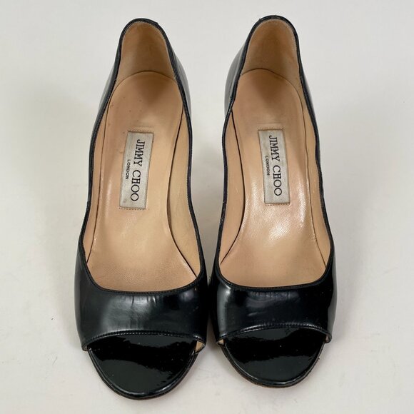 Jimmy Choo Black Patent Leather Peeptoe Pumps With Gold Detail, Size 37 (7) - Picture 4 of 11